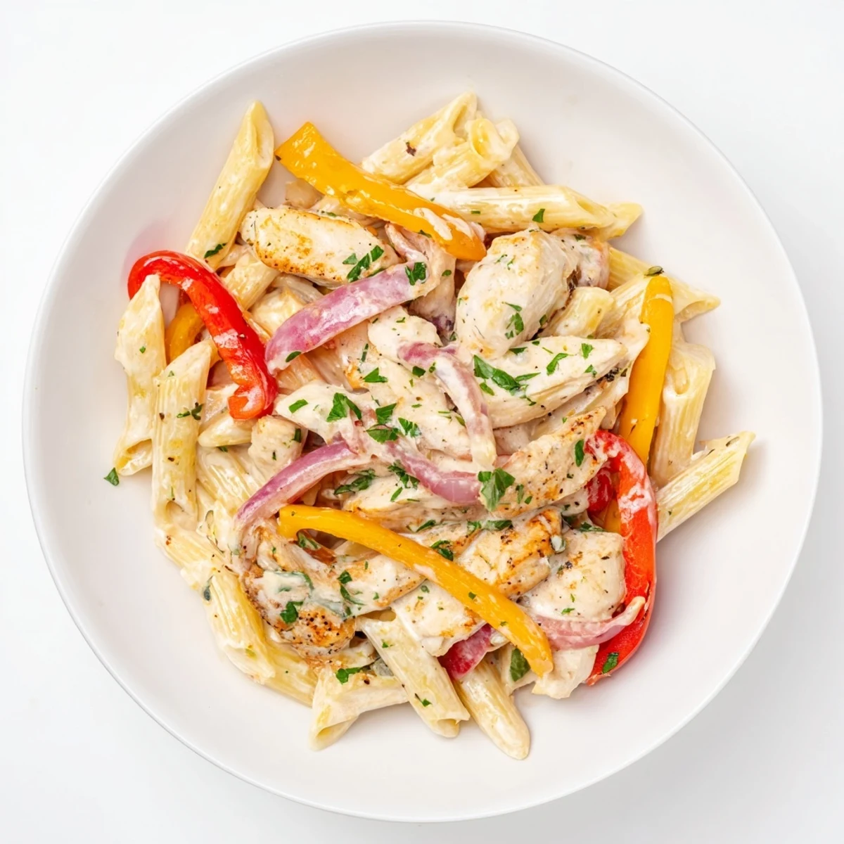 Plate of Cajun chicken pasta featuring tender spiced meat strips and velvety sauce coating