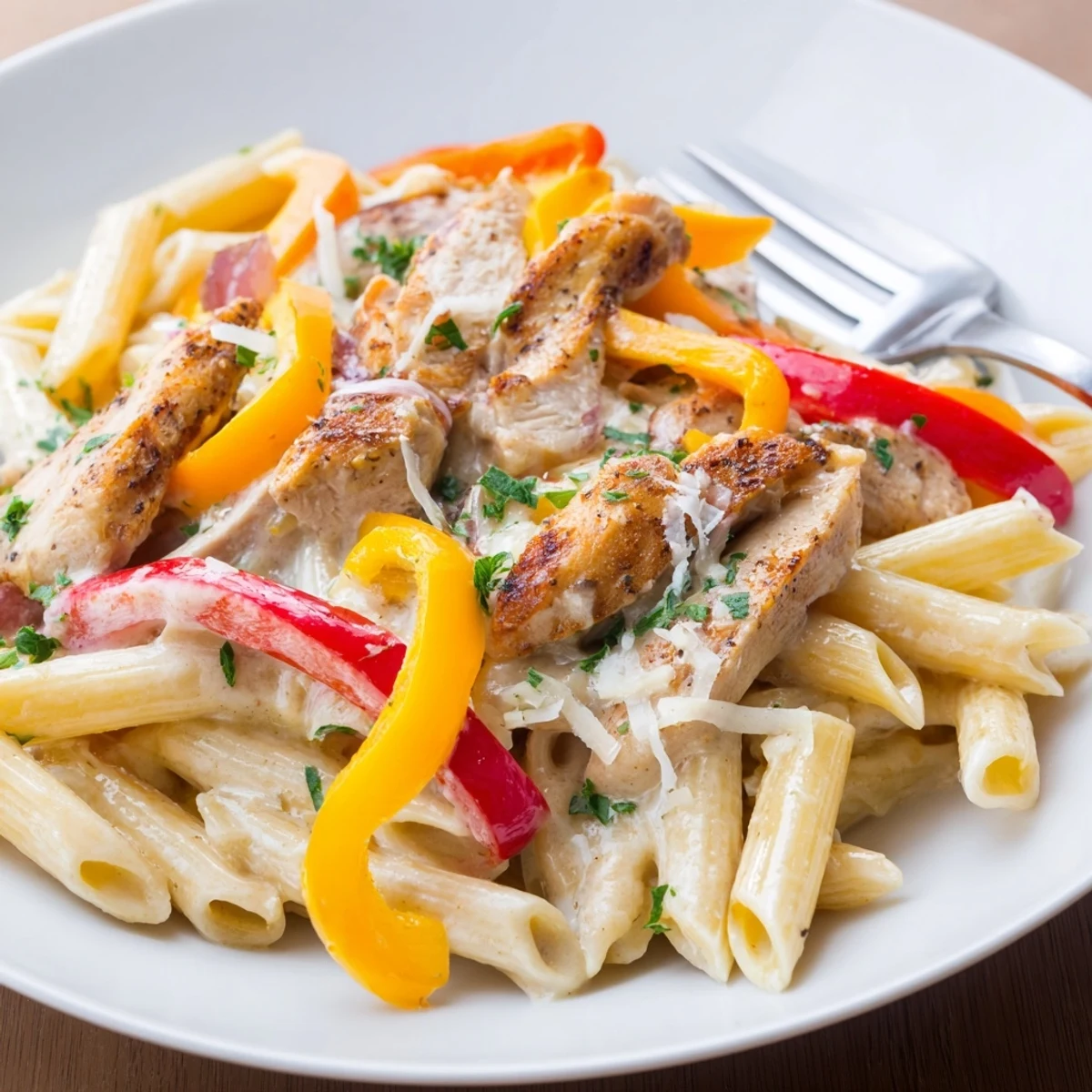 Savory Cajun chicken pasta in rich white cream sauce served with fresh parsley garnish