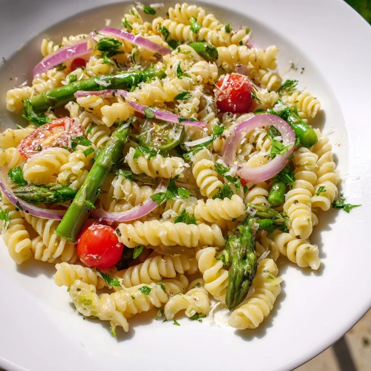 Bright lemon asparagus pasta salad bowl with tender asparagus pieces and cherry tomatoes garnished with fresh parsley.