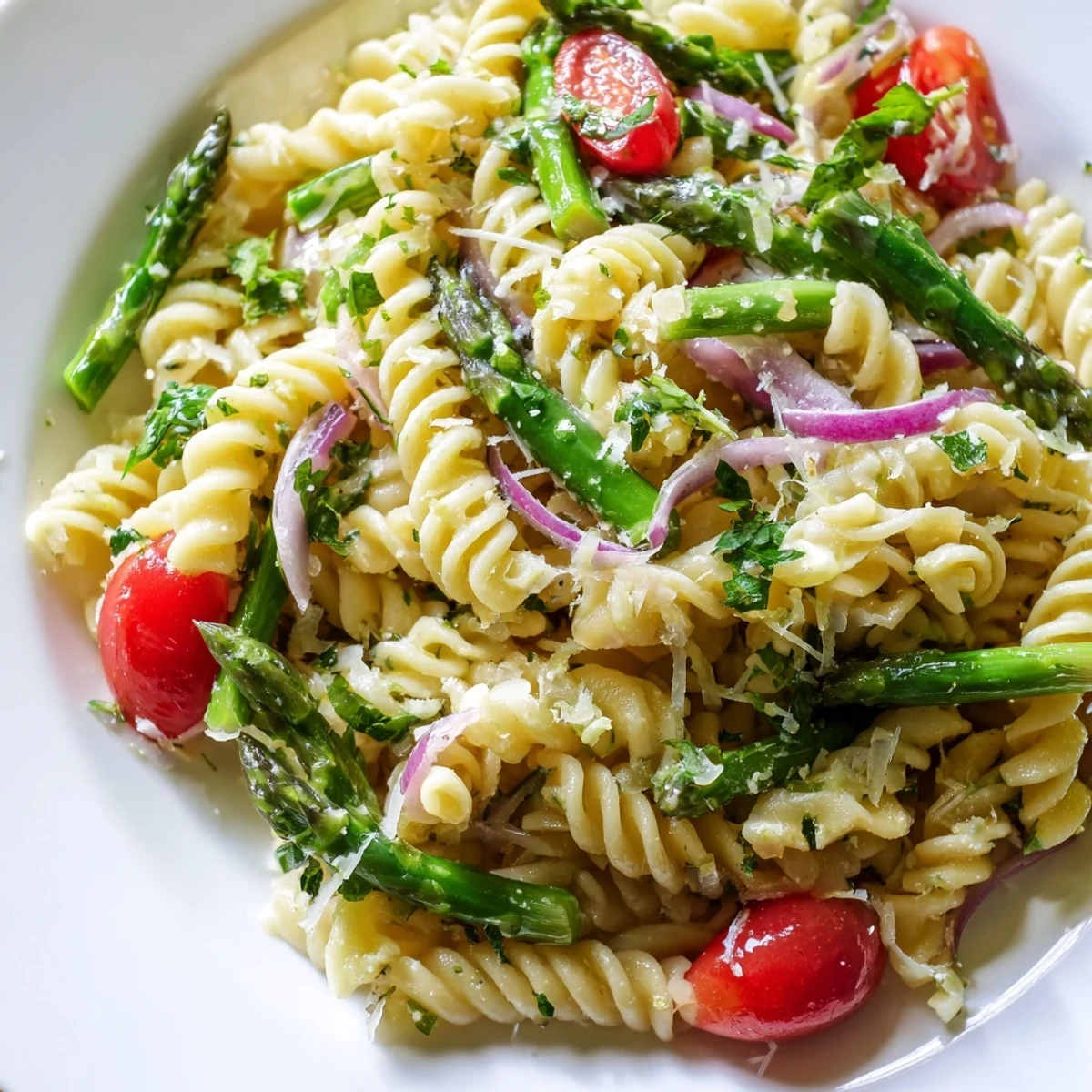 Refreshing lemon asparagus pasta salad featuring al dente pasta, crisp vegetables, and zesty lemon dressing in a serving bowl.
