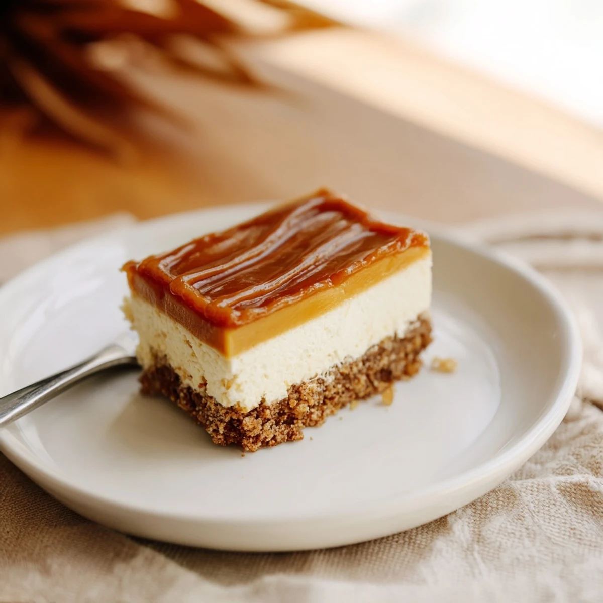 Rich caramel cheesecake bars sliced into squares with smooth filling and crunchy base