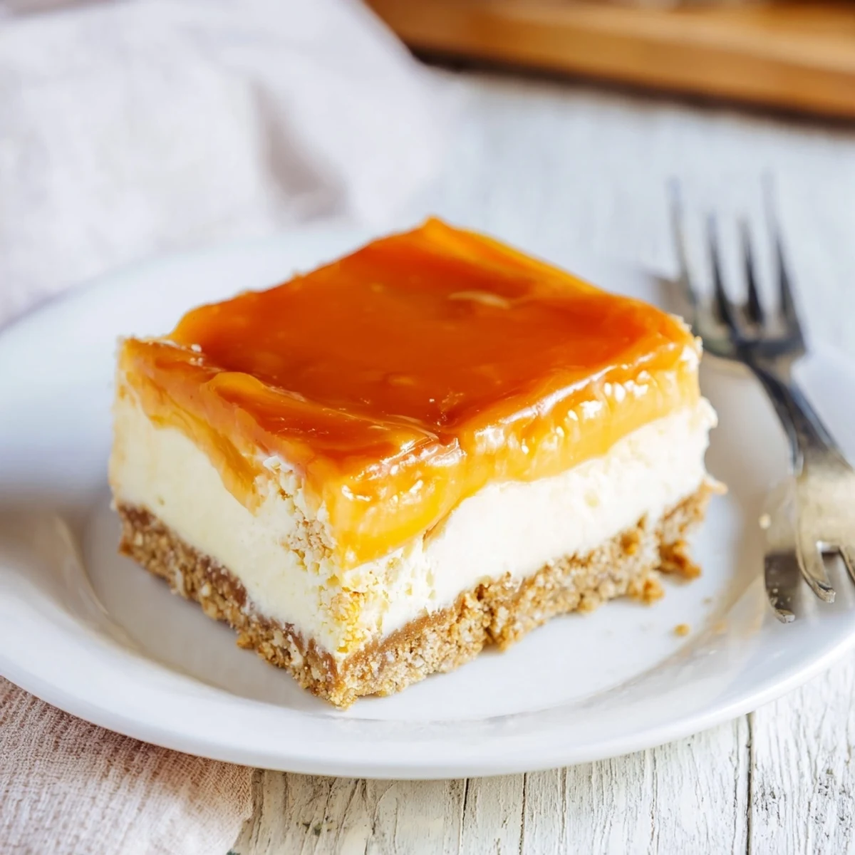 Golden caramel sauce drizzled over creamy cheesecake bars on a buttery graham cracker crust