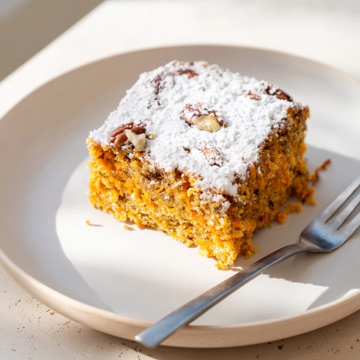Moist Greek yogurt carrot cake with grated carrots and warm spices in a square pan