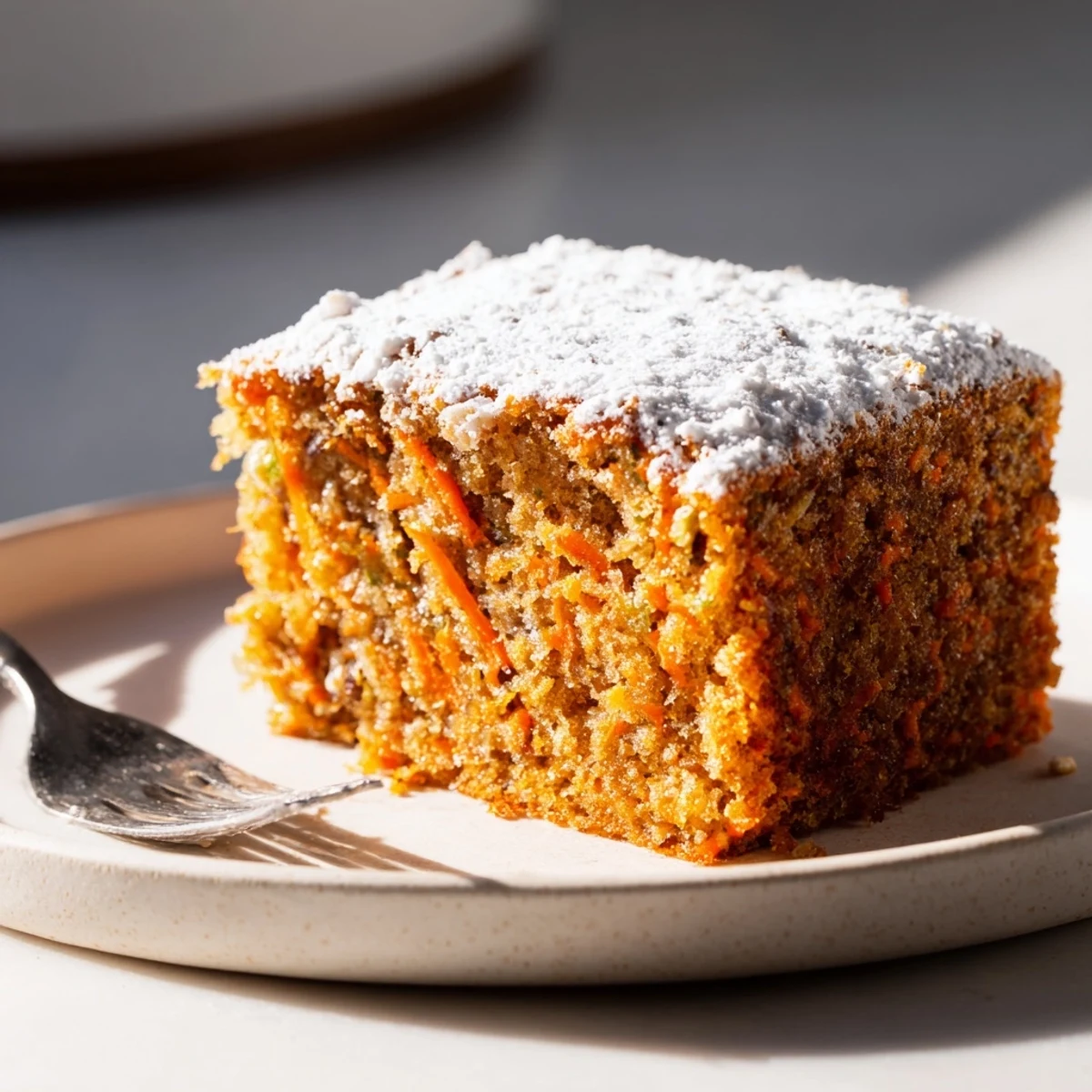 Golden spiced Greek yogurt carrot cake dusted with powdered sugar on a serving plate