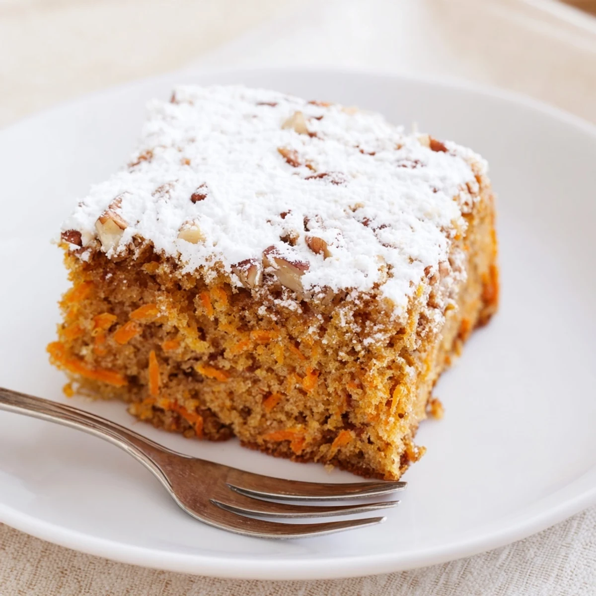 Sliced Greek yogurt carrot cake displaying tender crumb with optional walnut pieces on top