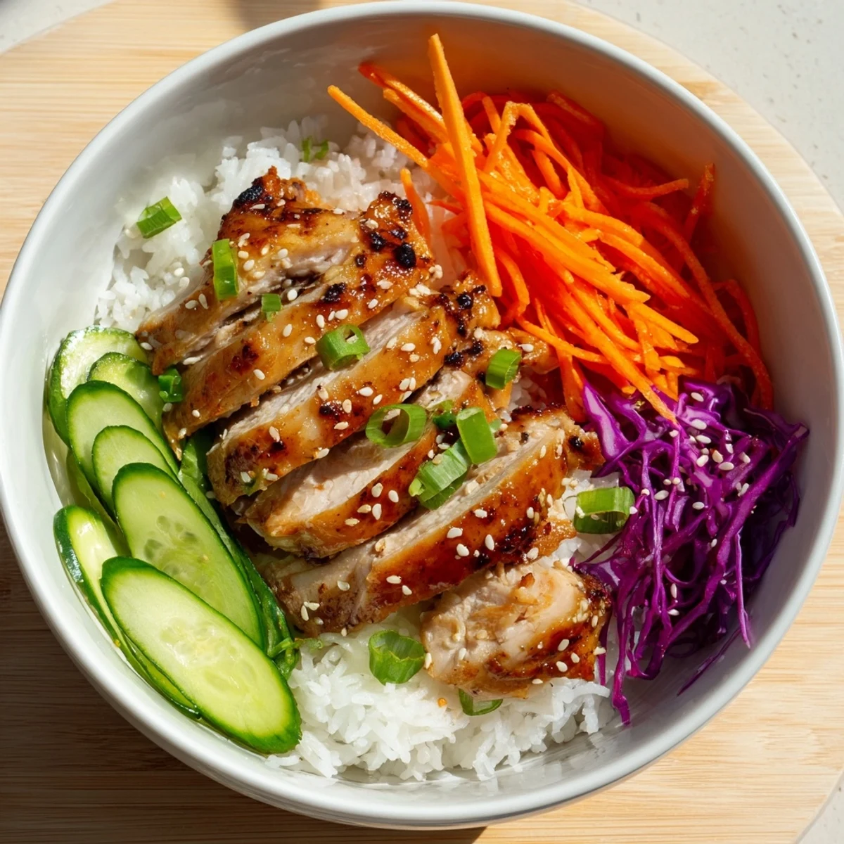 Sliced marinated chicken thighs arranged in a savory Korean BBQ bowl with crisp cucumber and carrots