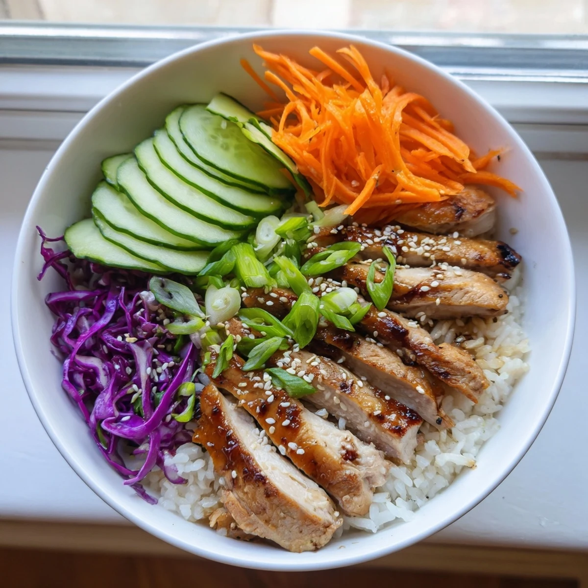 Golden glazed Korean BBQ chicken bowl over white rice with colorful shredded vegetables and sesame seeds