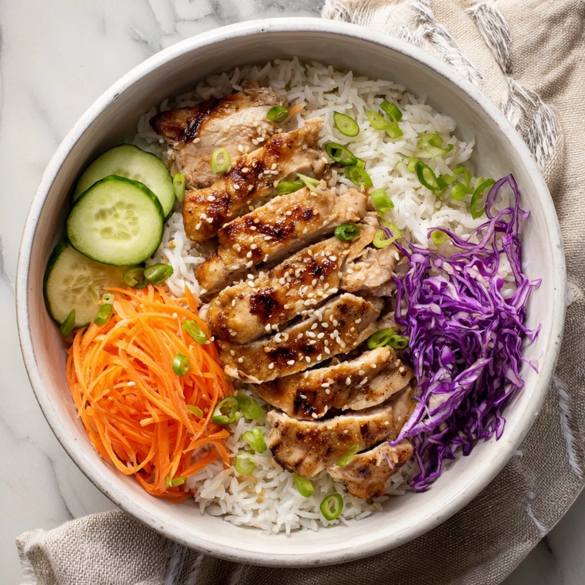 Juicy grilled Korean BBQ chicken served atop fluffy rice with purple cabbage and green onion garnish