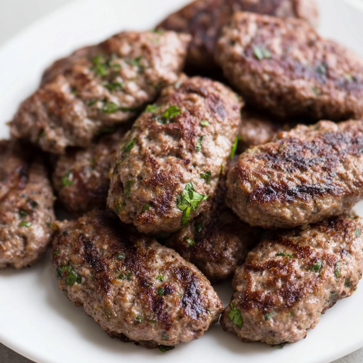 Golden grilled Lebanese kafta kebabs garnished with fresh parsley and served with lemon wedges