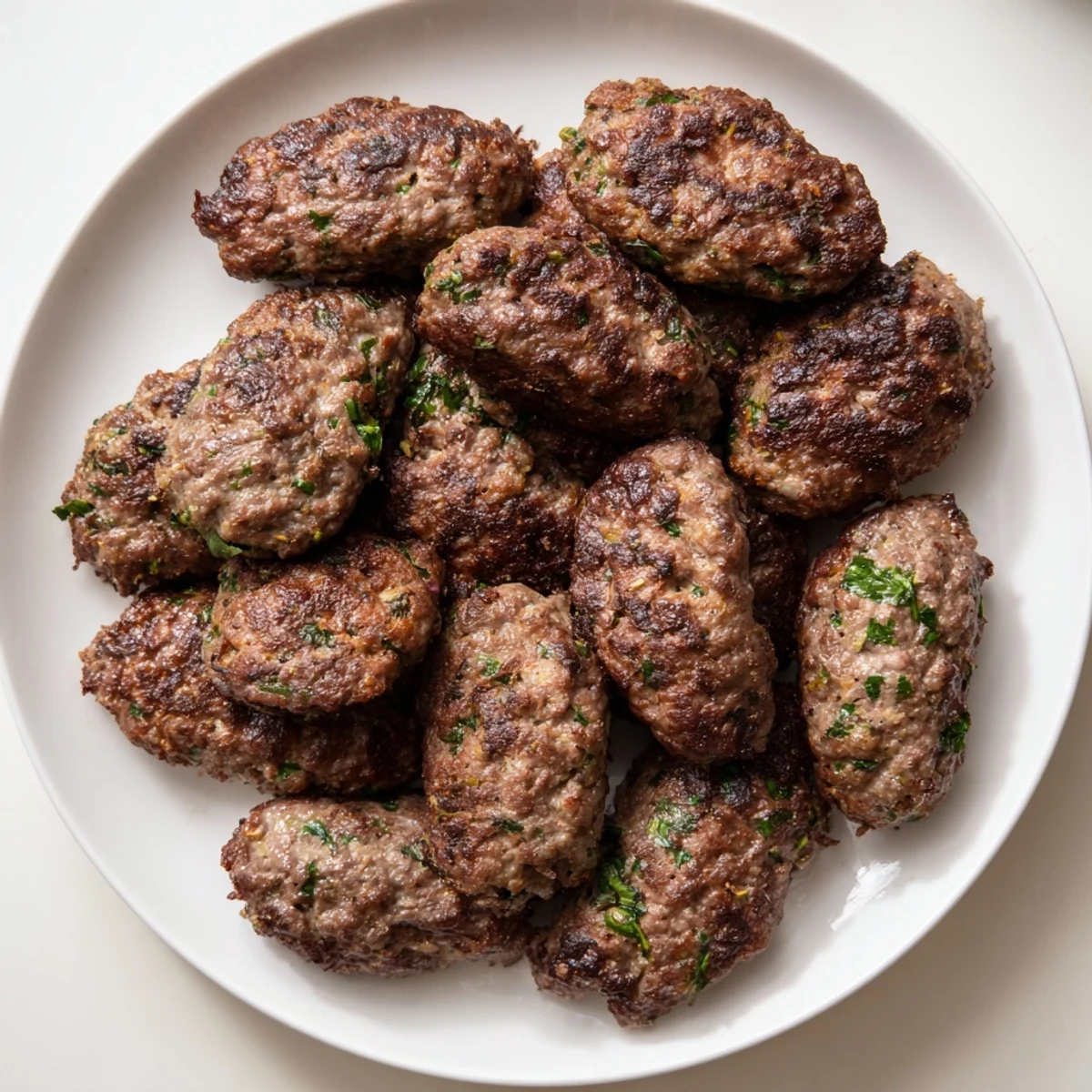 Juicy spiced Lebanese kafta patties sizzling on a grill with caramelized edges and herbs