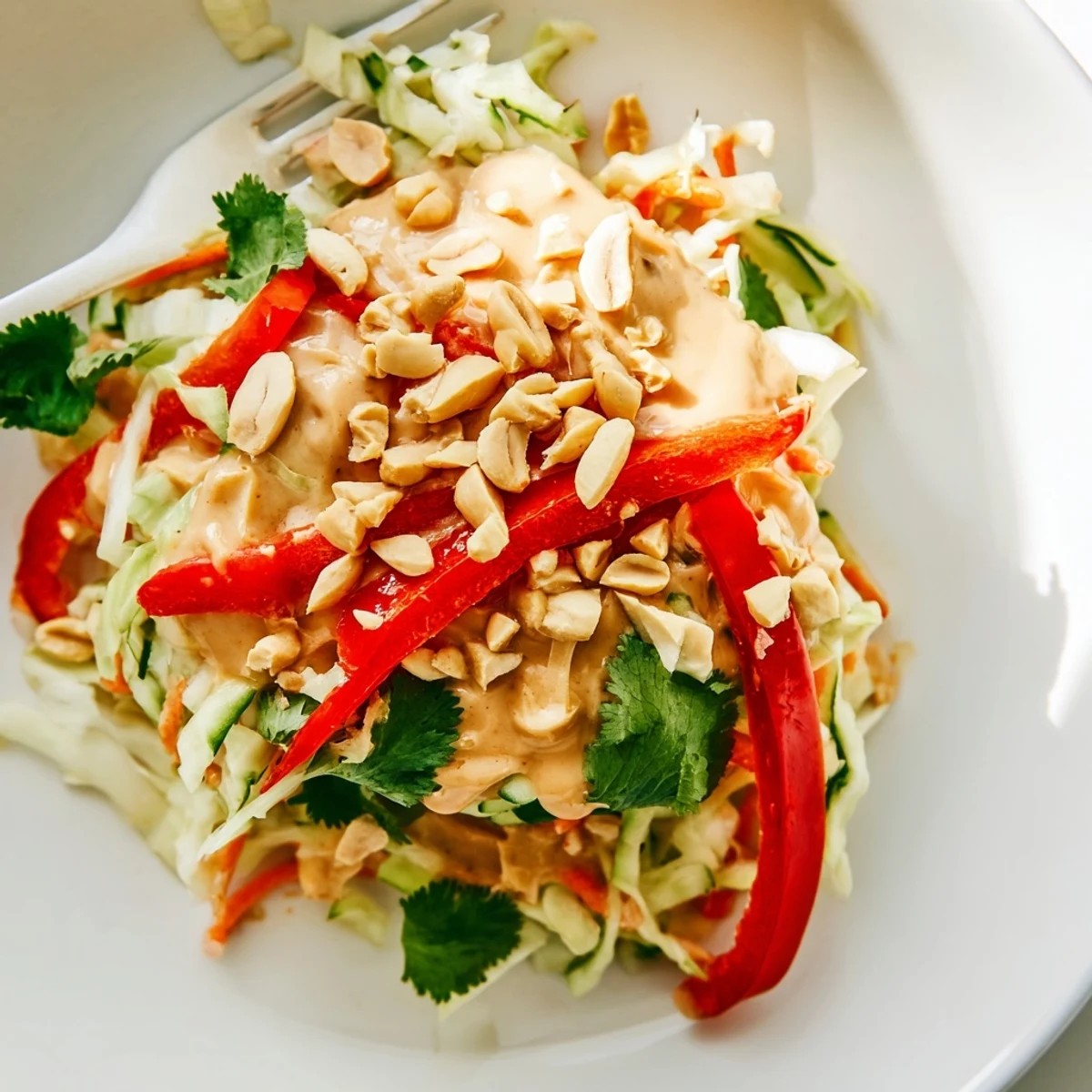 Vibrant Thai salad peanut sauce coating shredded vegetables in a large serving bowl