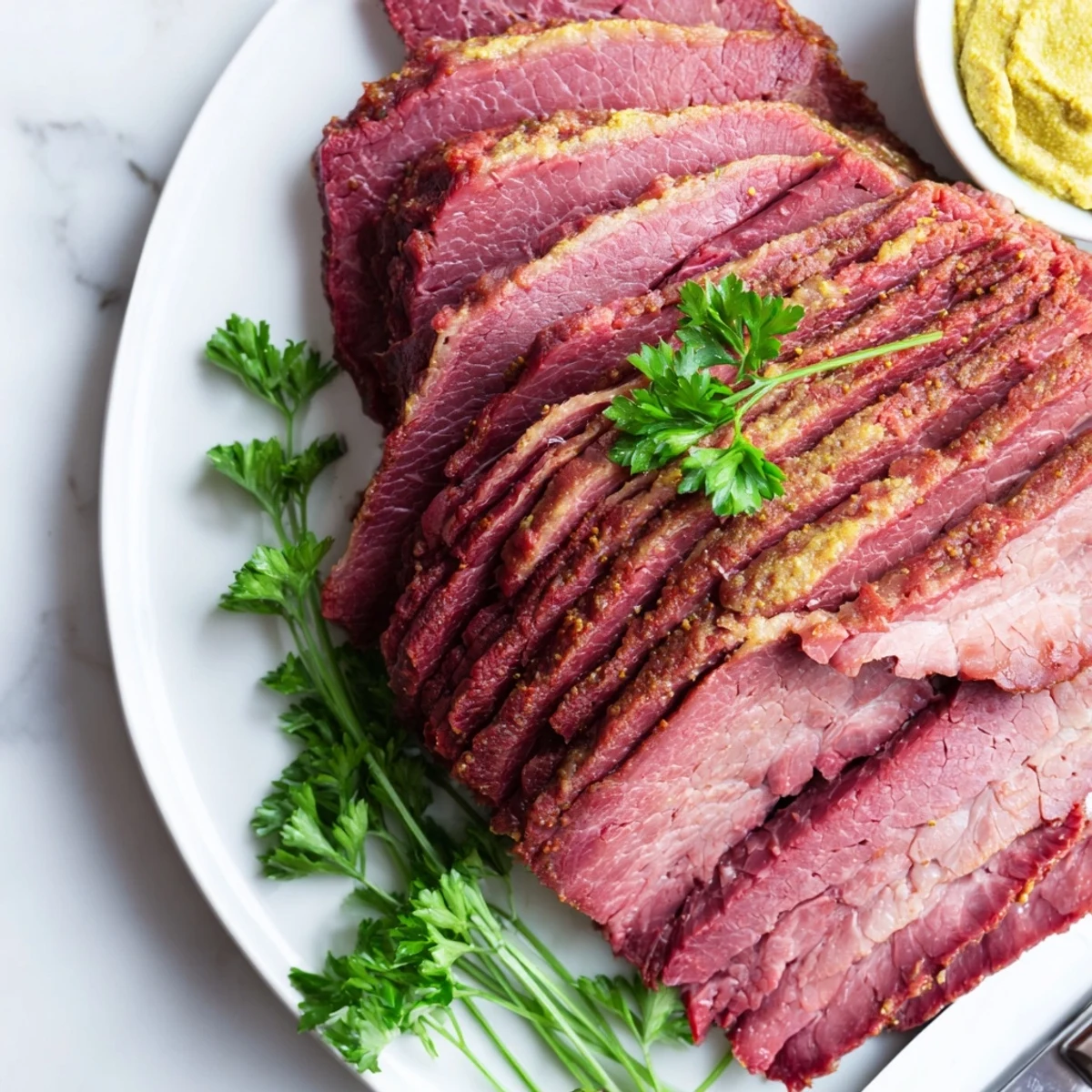 Golden slow cooker corned beef with tender cabbage wedges and colorful carrots on a white serving platter