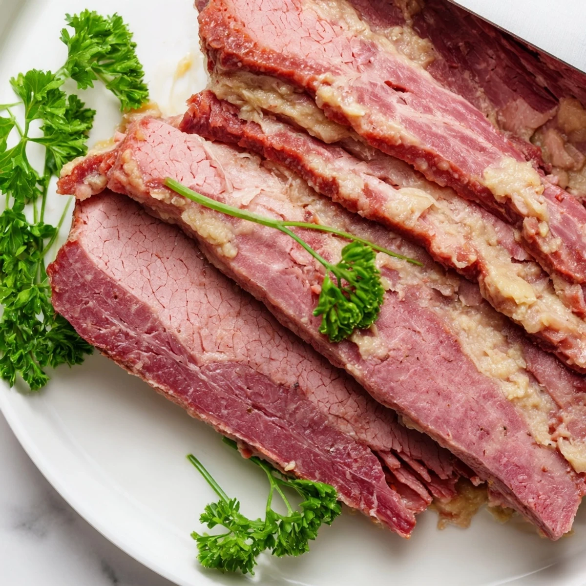 Comforting corned beef and cabbage meal steaming in a ceramic bowl with crusty bread on the side