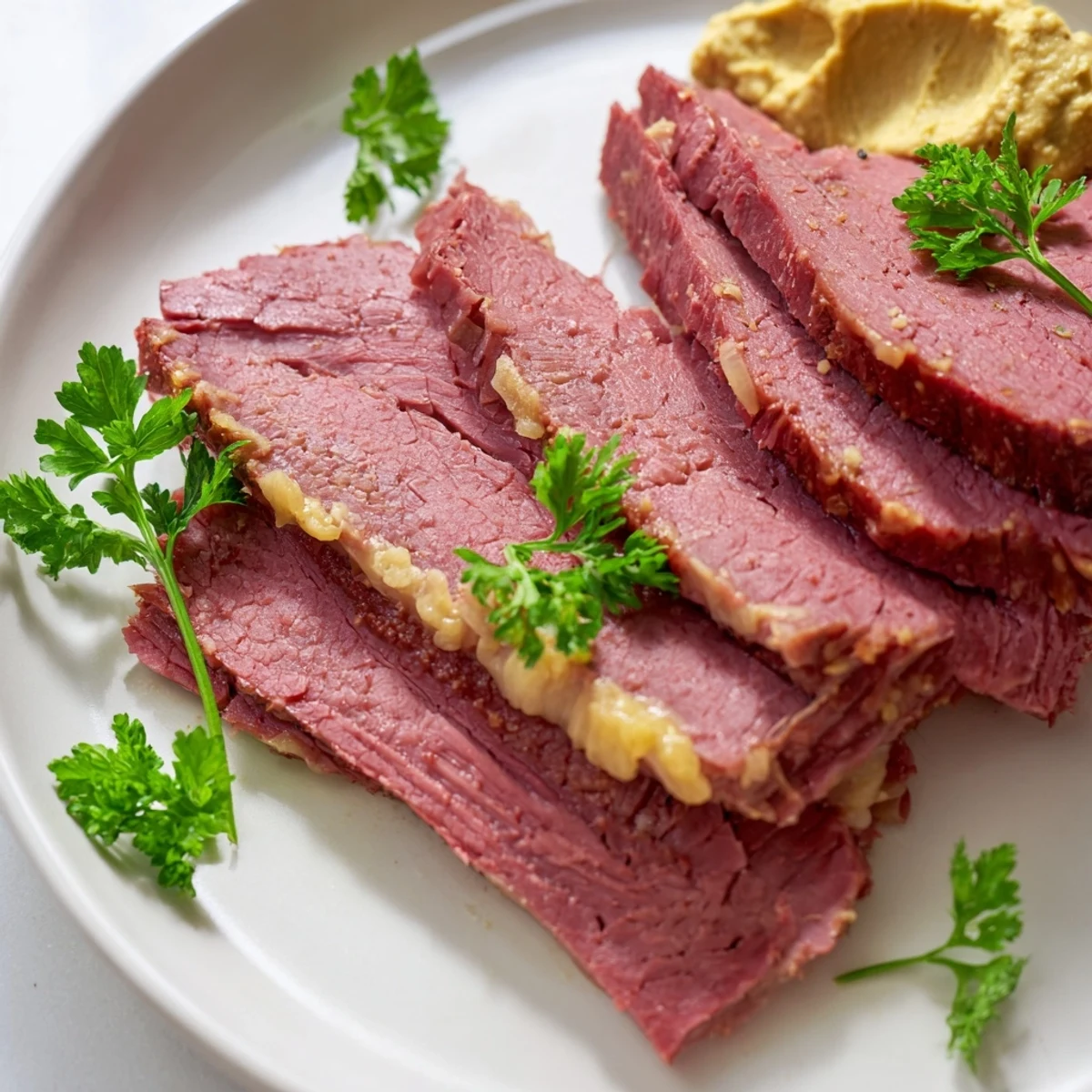 Sliced corned beef brisket alongside hearty potatoes and vegetables in a rich broth, garnished with fresh parsley