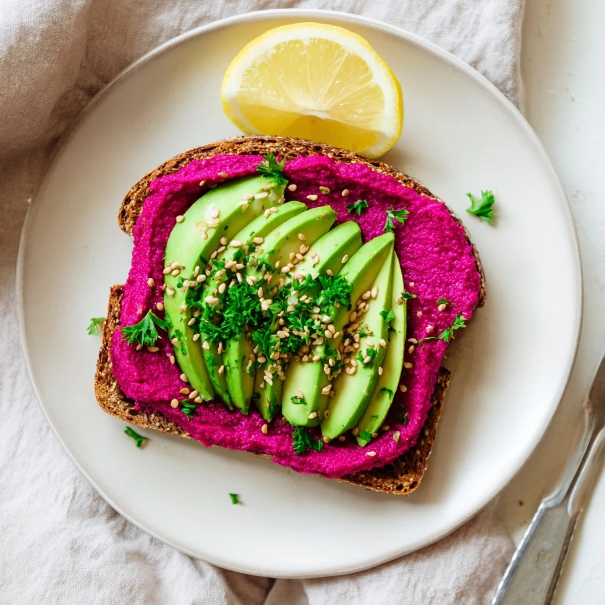Golden avocado beet hummus toast layered with vibrant pink spread and green slices on crusty sourdough bread