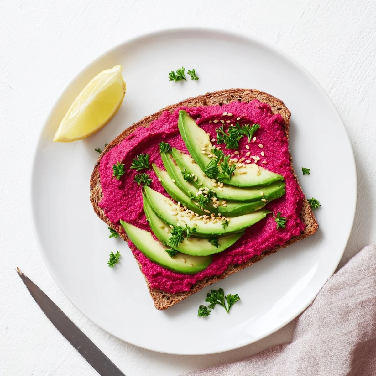 Colorful open-faced avocado beet hummus toast topped with creamy avocado slices and garnished with fresh parsley