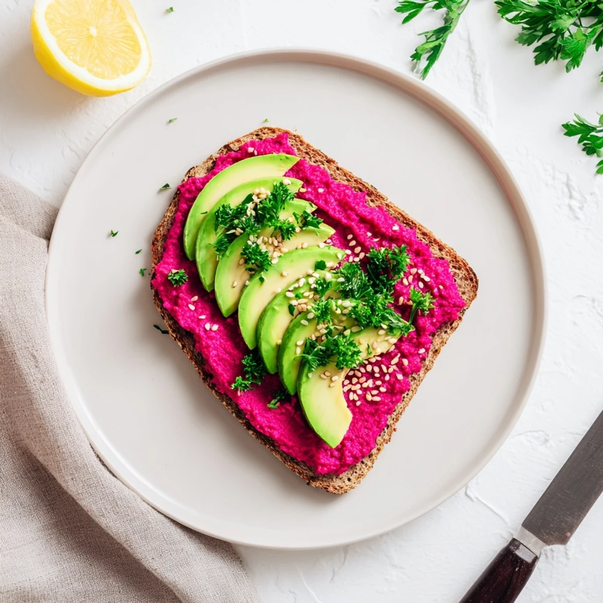 Delicious avocado beet hummus toast featuring smooth pink chickpea spread and ripe avocado on toasted whole grain bread