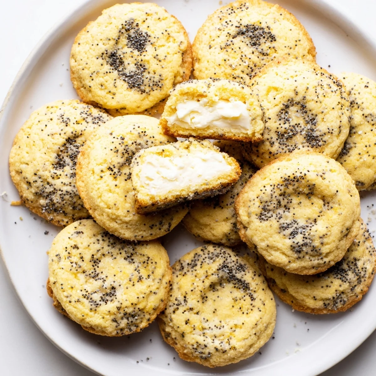 Fresh lemon poppy seed cheesecake cookies oozing creamy filling on white wire rack