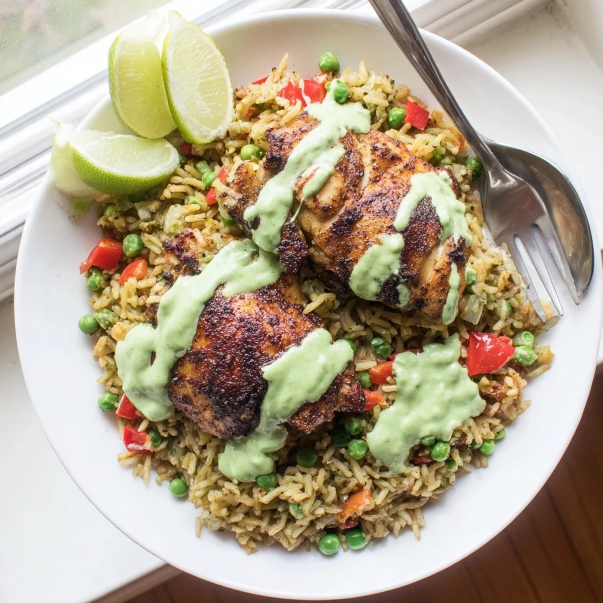 Golden seared chicken nestled over cilantro-infused rice with vibrant green Peruvian sauce drizzled on top