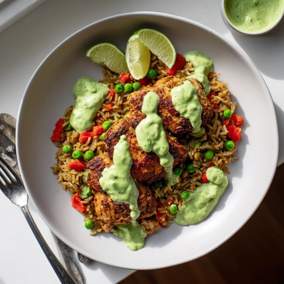 Serving of Peruvian chicken rice featuring tender meat, colorful vegetables, and creamy Aji Verde sauce