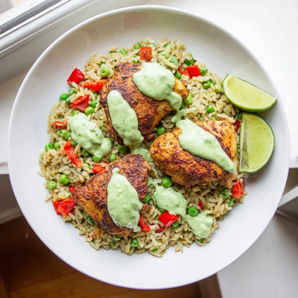 Steaming plate of chicken and rice dish topped with zesty herbaceous green sauce and lime wedges