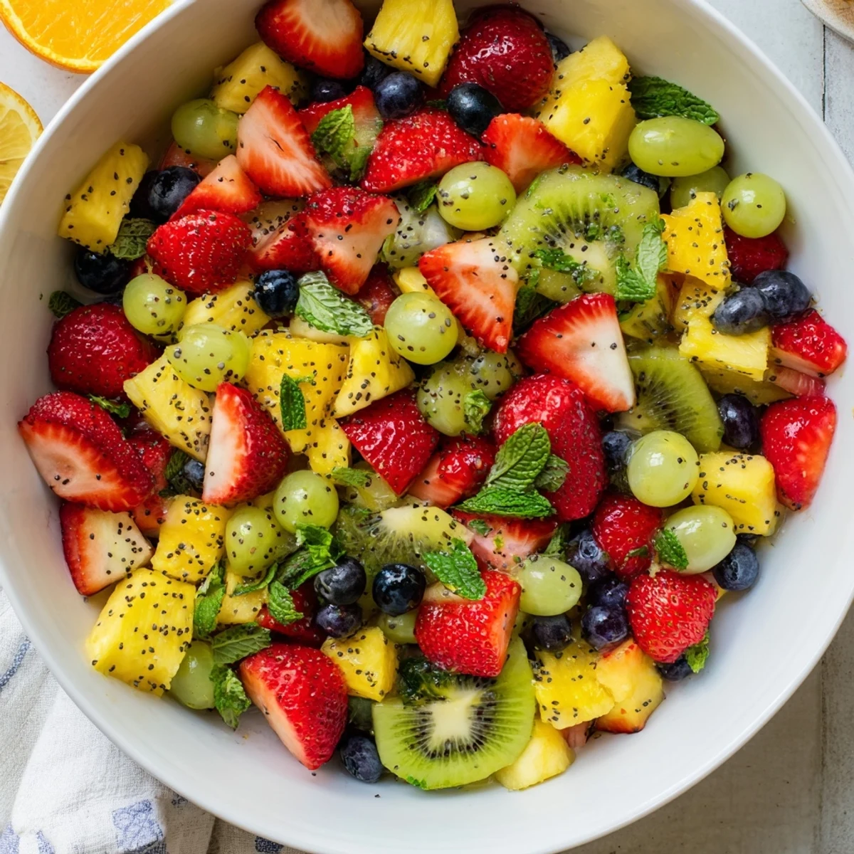 Refreshing spring fruit salad featuring honey-lime dressed tropical fruits in a white serving bowl.
