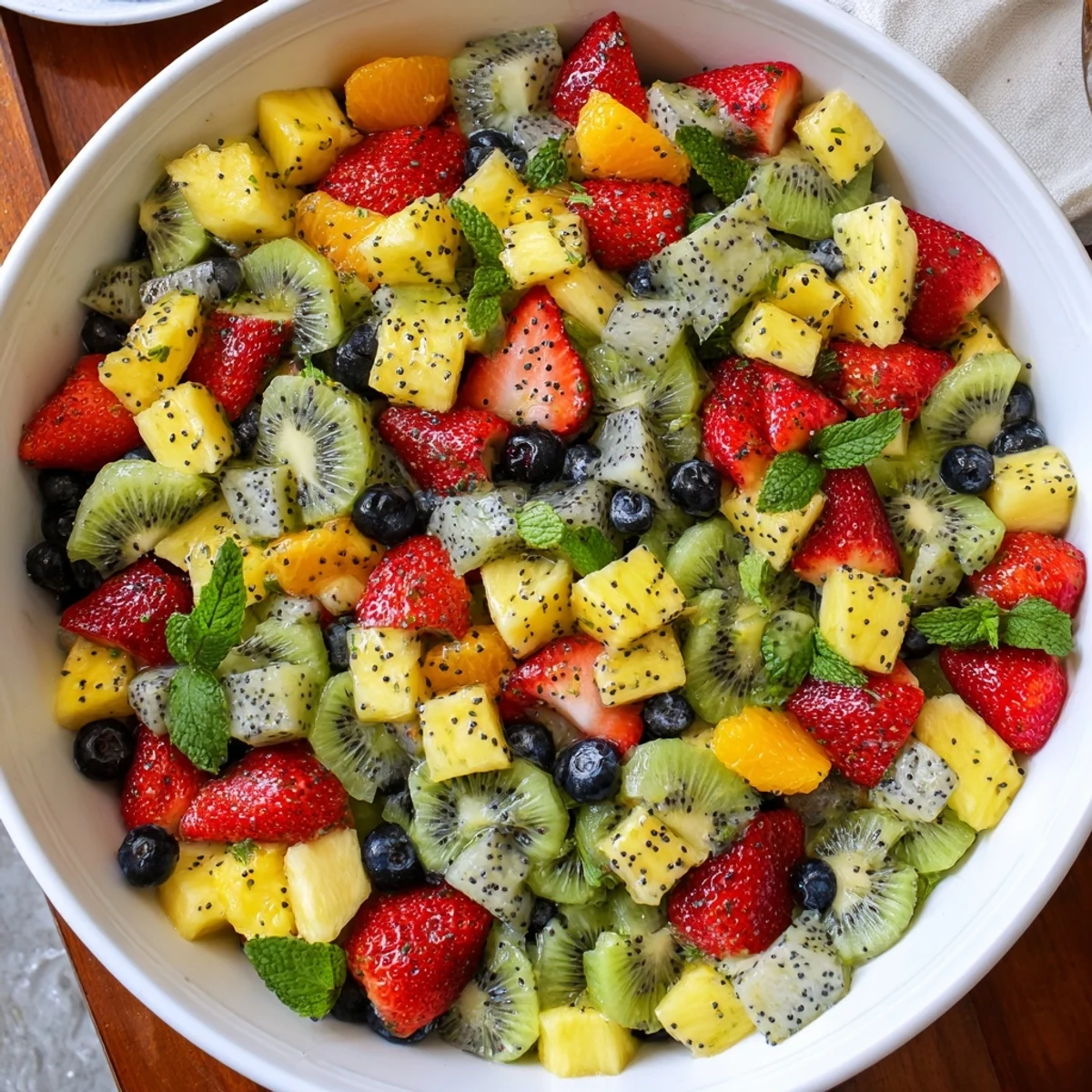 Vibrant brunch spread showcasing mixed fruit salad with grapes, oranges, and poppy seed dressing.