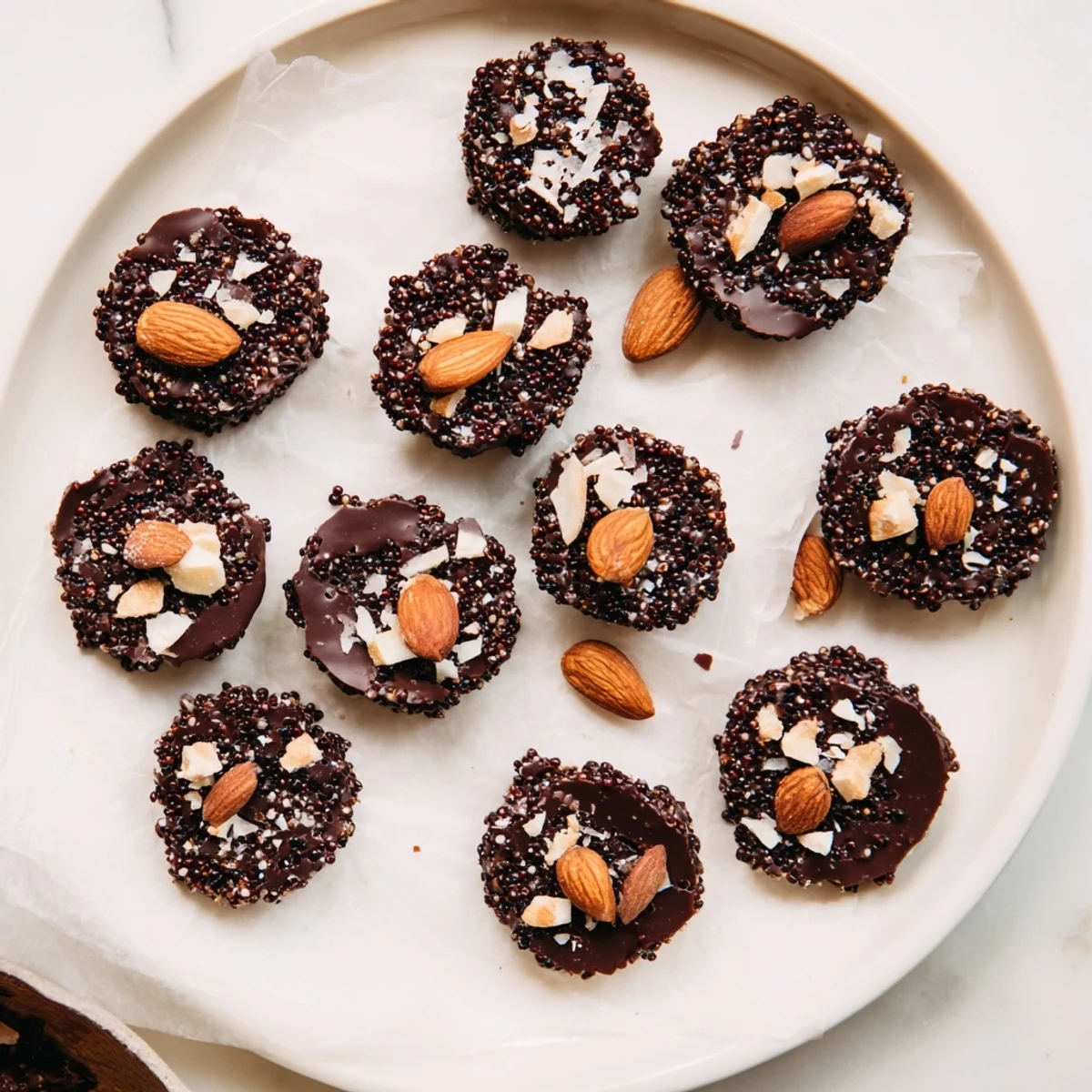 Golden brown dark chocolate quinoa crisps topped with sea salt on white parchment paper