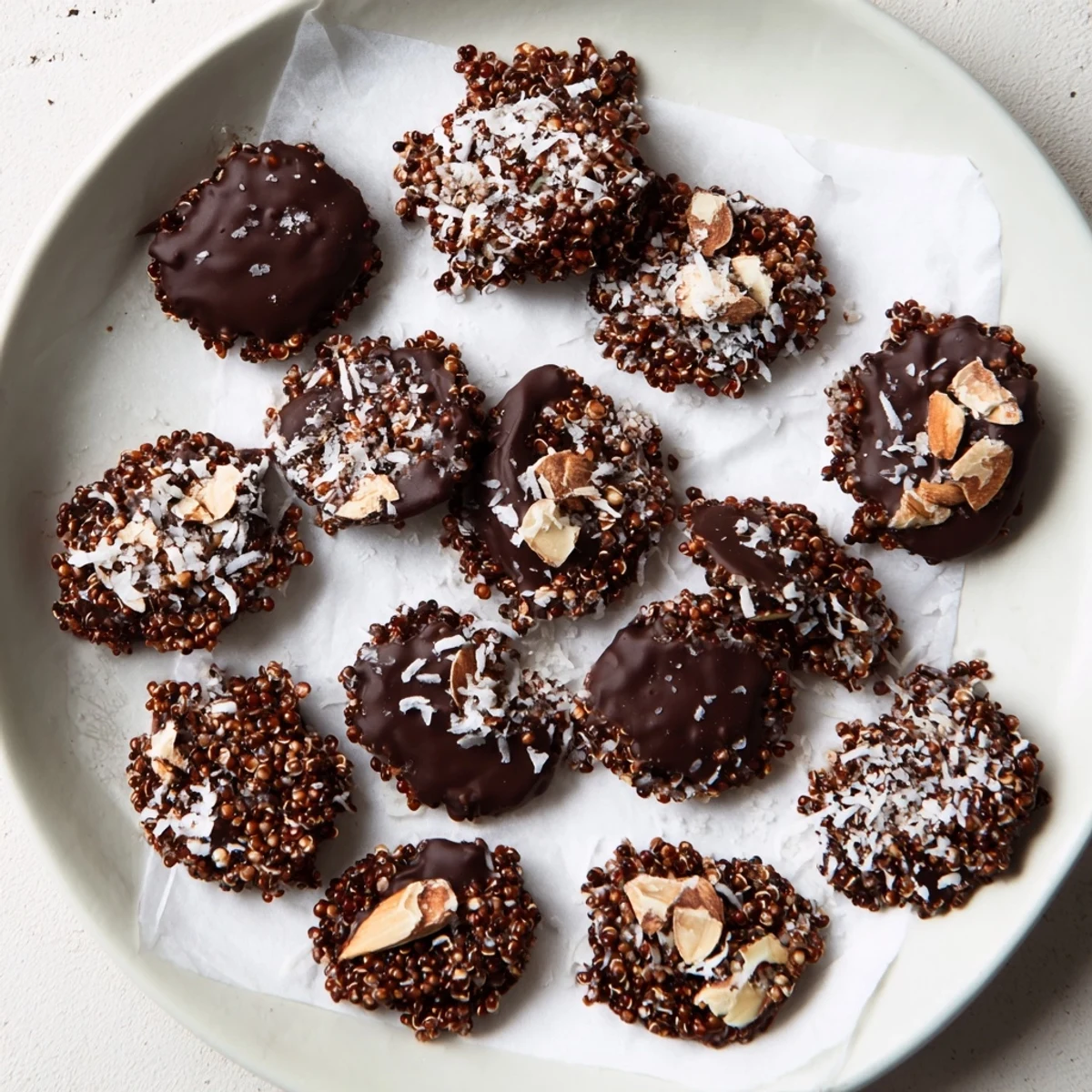 Bite-sized dark chocolate quinoa crisps arranged on serving plate with toasted nut garnish