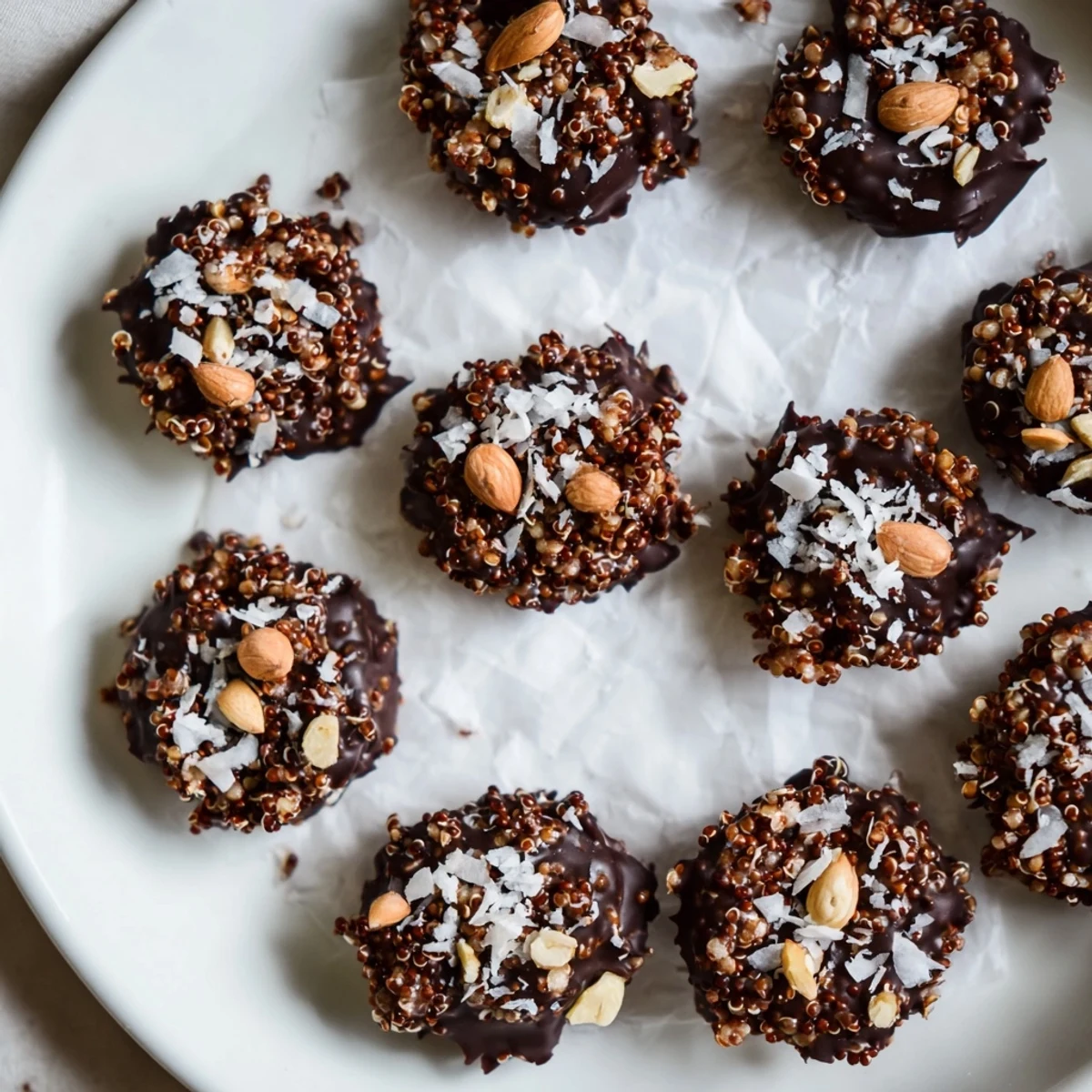 Close-up of glossy dark chocolate quinoa crisps showing crunchy texture and light dusting