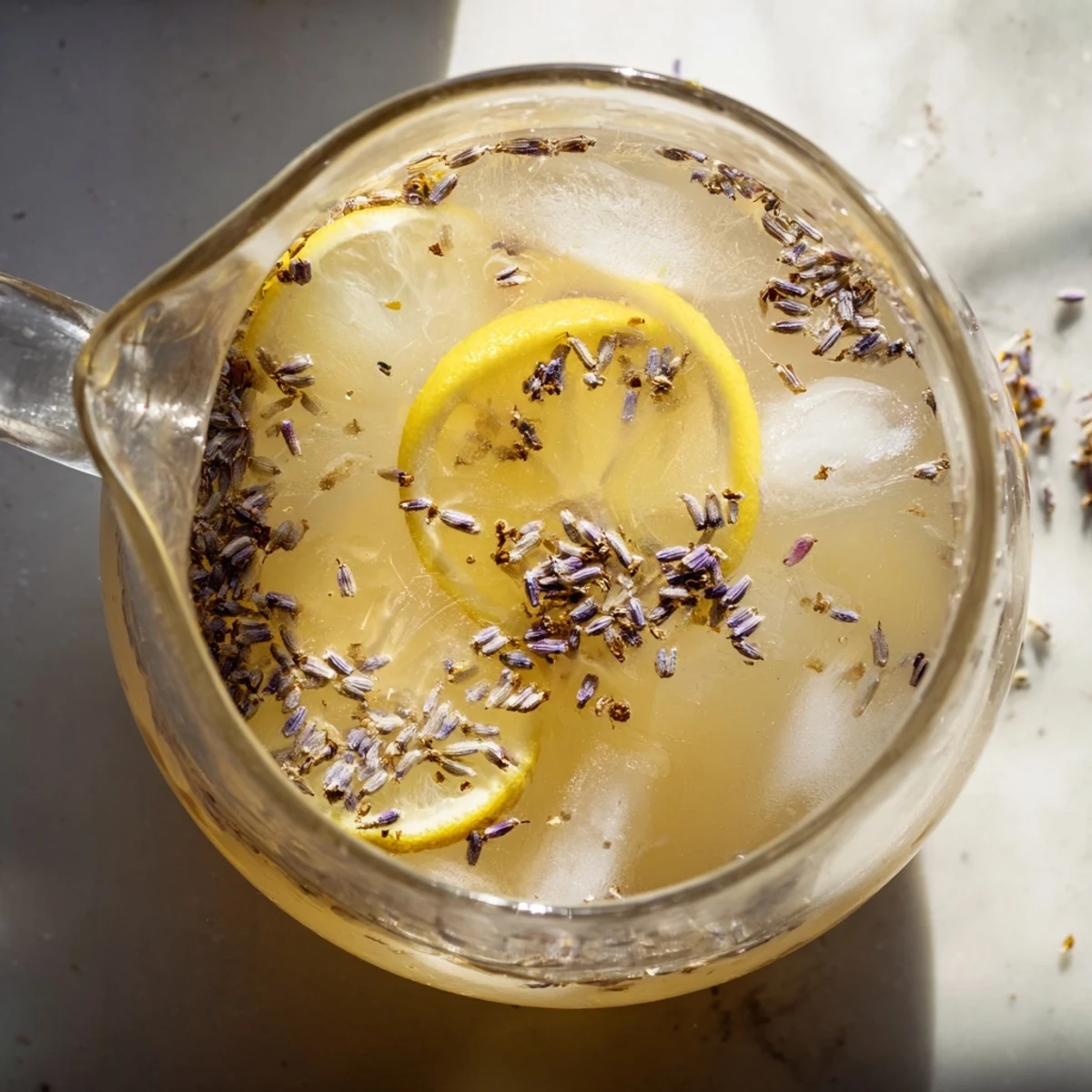Glass pitcher of lavender lemonade garnished with fresh lemon slices and purple sprigs on a sunny wooden table