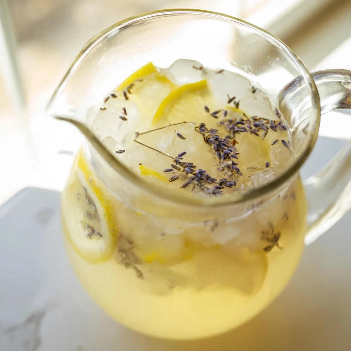 Refreshing lavender lemonade served over ice in a mason jar with delicate floating lavender buds
