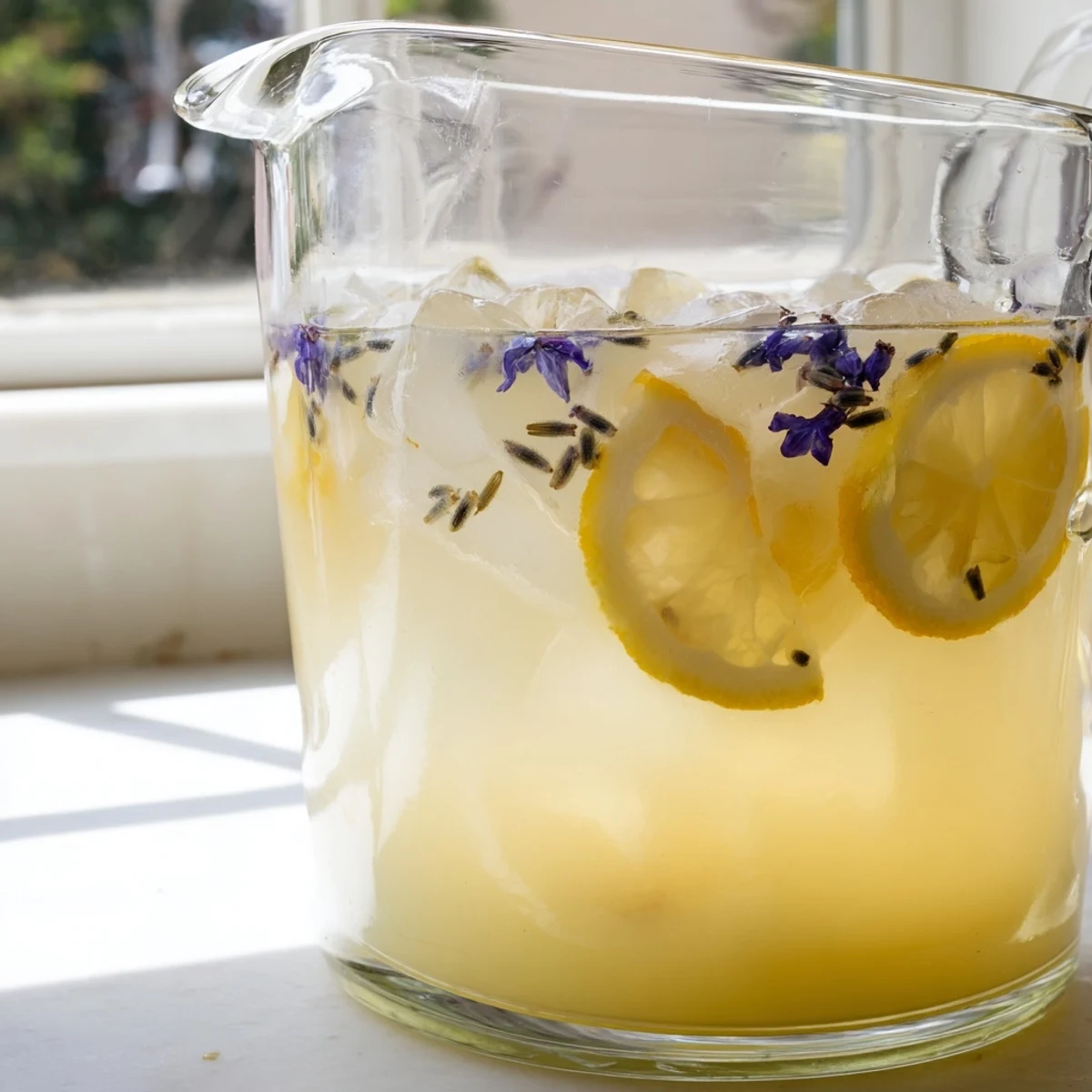 Homemade floral lemonade with vibrant yellow citrus slices and aromatic lavender flowers cooling in a tall glass
