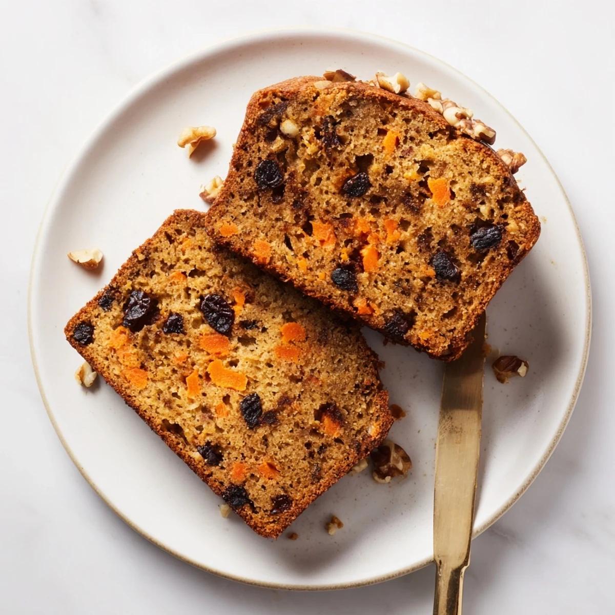 Golden slice of carrot cake banana bread topped with chopped walnuts on a wooden board