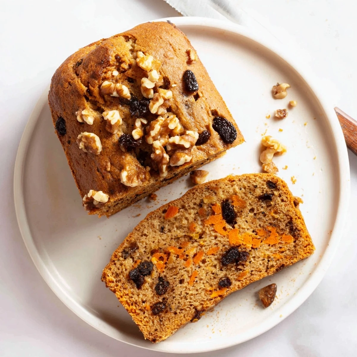 Moist carrot cake banana bread loaf with visible grated carrot shreds and warm cinnamon spices