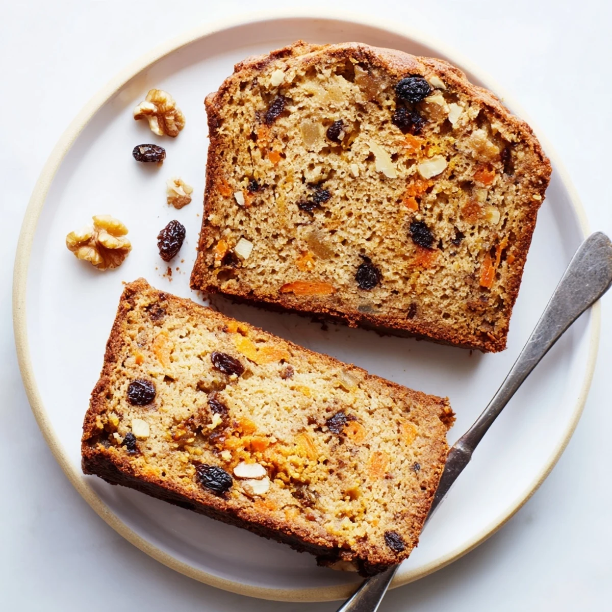 Thick slice of spiced carrot cake banana bread served on a white plate for breakfast