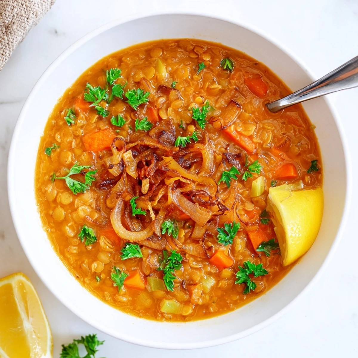 Creamy caramelized onion red lentil soup garnished with fresh parsley in a white bowl