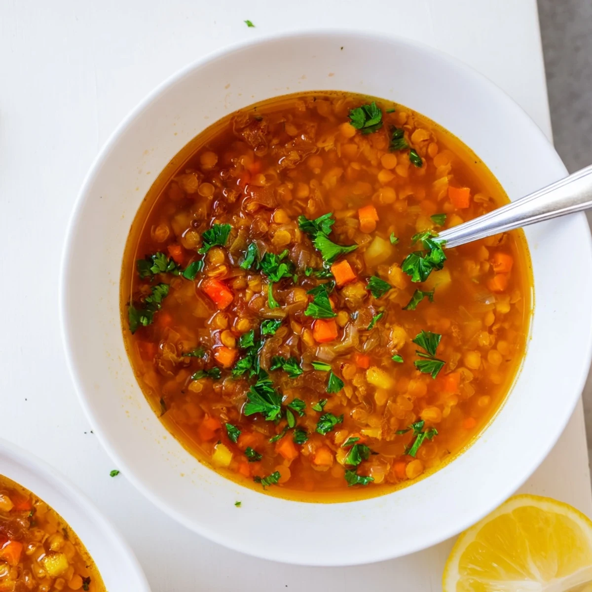 Hearty caramelized onion red lentil soup with swirls of olive oil and thyme