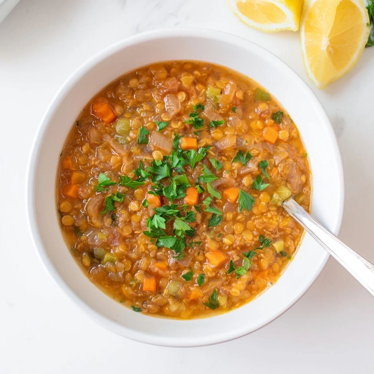 Golden caramelized onion red lentil soup served with crusty bread and lemon wedges