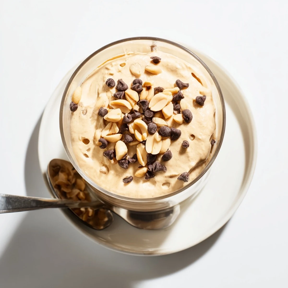 Fluffy American peanut butter and Cool Whip mousse dessert served in elegant parfait glasses with vanilla undertones