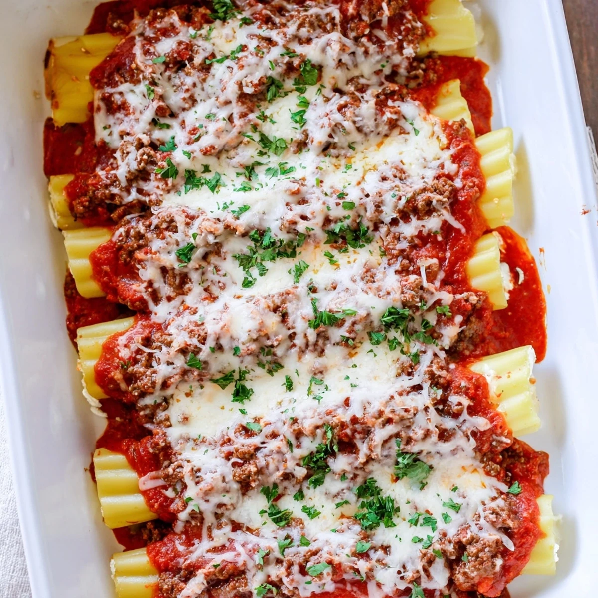 Golden baked manicotti filled with ricotta and smothered in rich homemade meat sauce