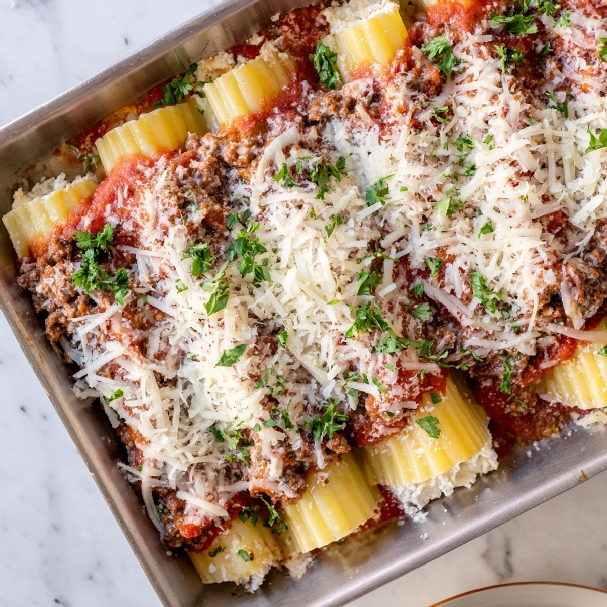 Bubbling cheesy manicotti casserole with melted mozzarella over spiced ground beef tomato sauce