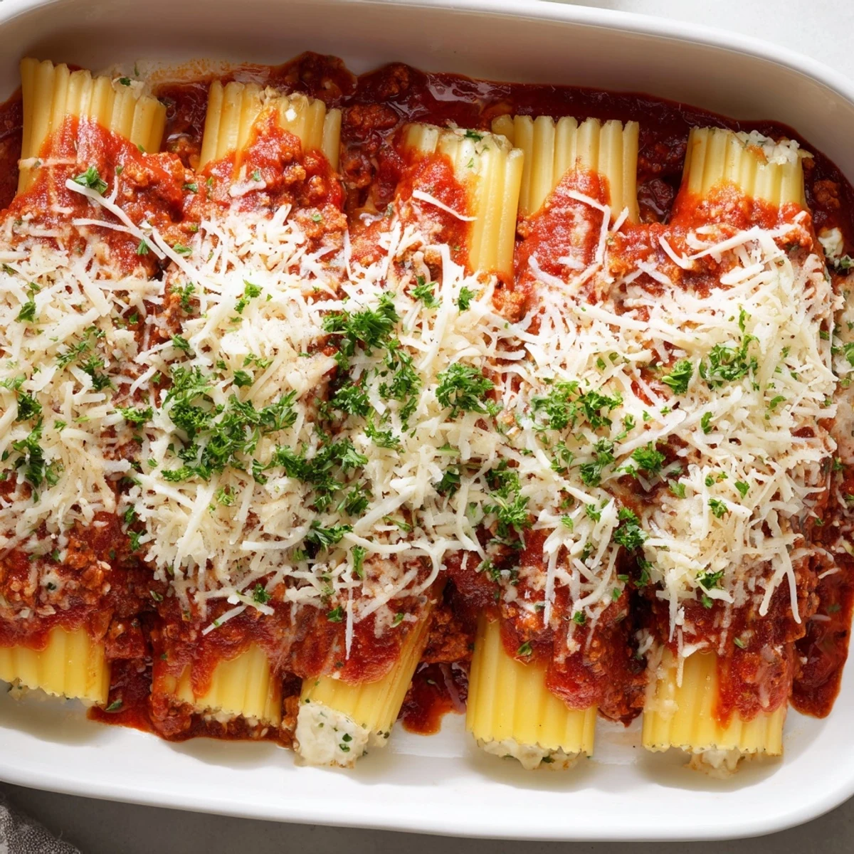 Tender pasta shells stuffed with creamy cheese topping a savory tomato beef sauce