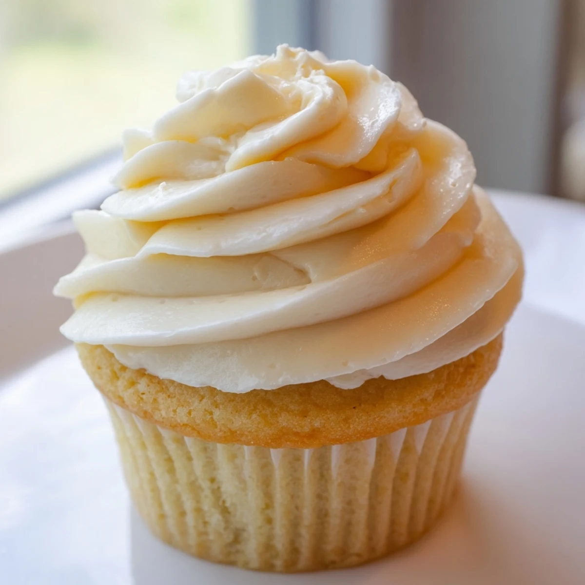 Golden homemade vanilla cupcakes with swirls of white buttercream frosting arranged on a wooden serving board