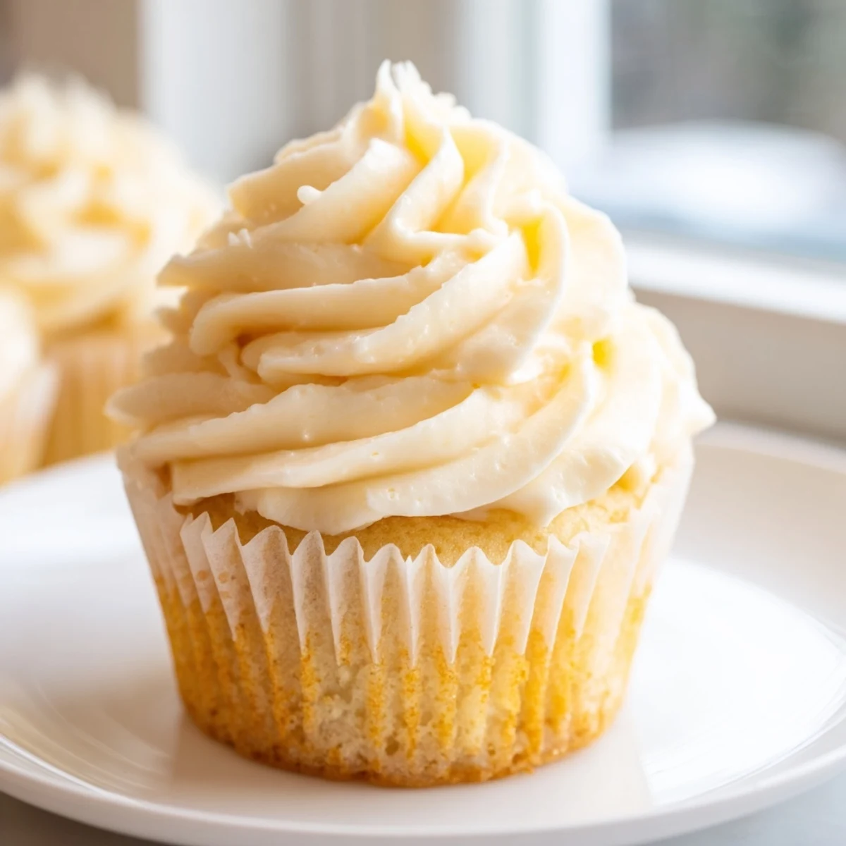 Classic vanilla cupcakes with tall fluffy buttercream swirls displayed on a decorative cake stand for celebrations