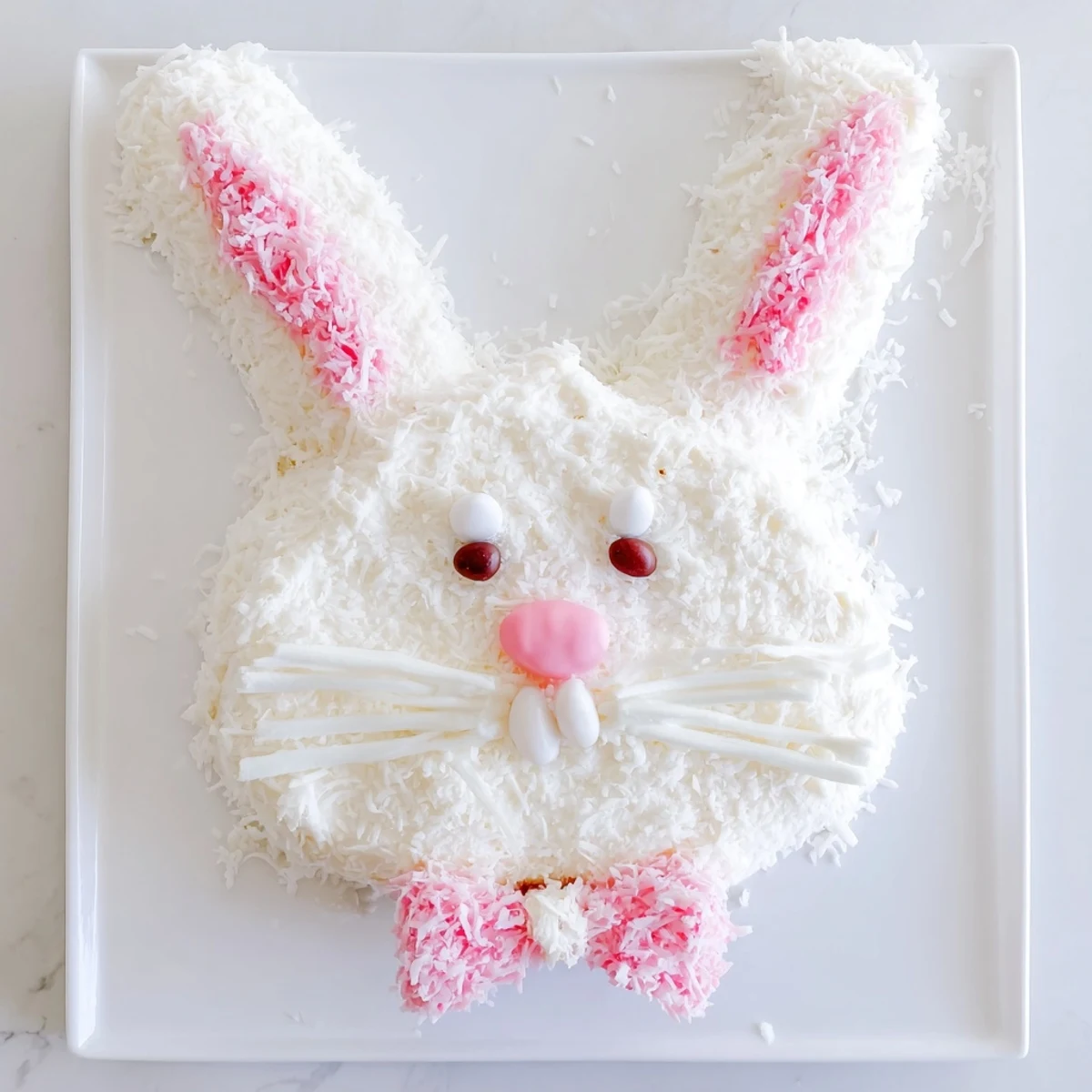 Easter bunny cake decorated with pink fondant ears and candy features on white frosting