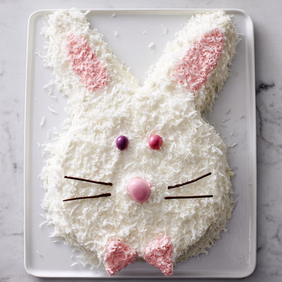 Adorable bunny cake shaped from moist vanilla layers covered in fluffy white coconut