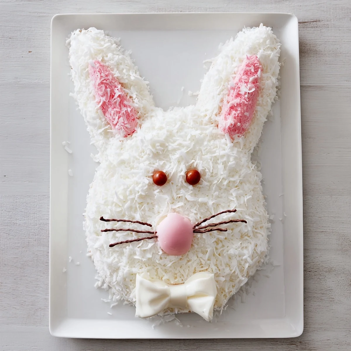 Whimsical coconut-covered bunny cake with pink bow tie serving as festive spring centerpiece dessert