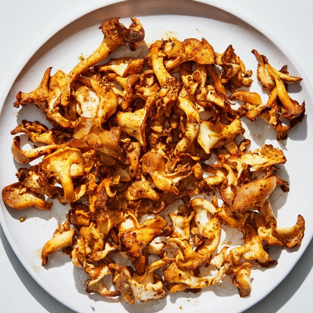Shredded oyster mushrooms seasoned with smoky spices, golden and crispy after baking.