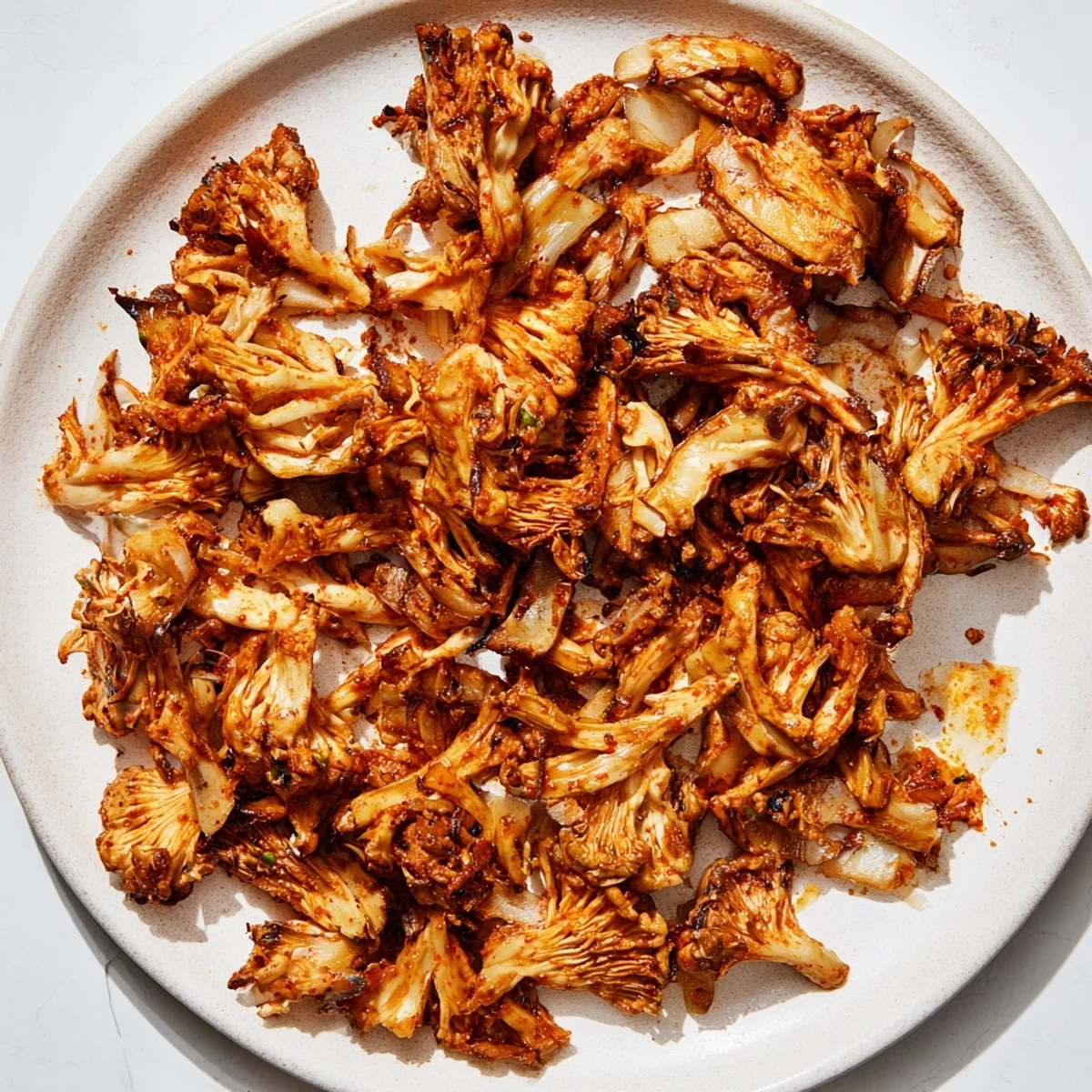 Vegan carnitas featuring tender spiced mushrooms piled high on warm corn tortillas with fresh cilantro.